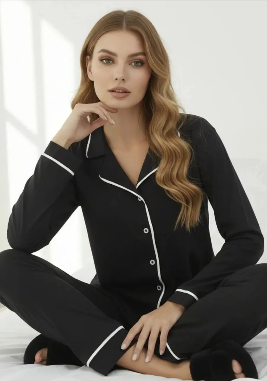 Düğmeli Uzun Kol Pijama Takımı